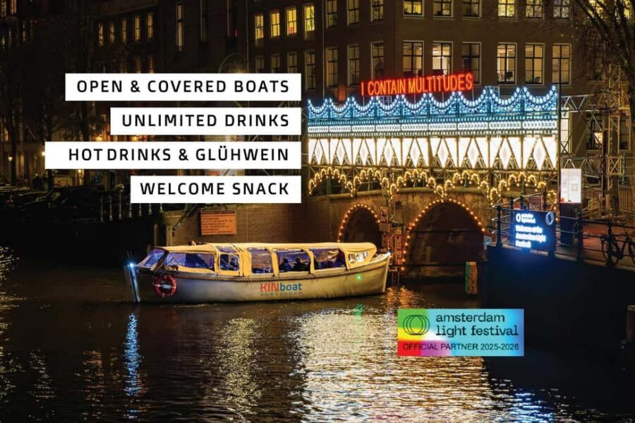Amsterdam: Light Festival Canal Cruise w/Snack and Hot Drink - Skipper talk plus a free 8-language QR guide: how you actually follow the story
